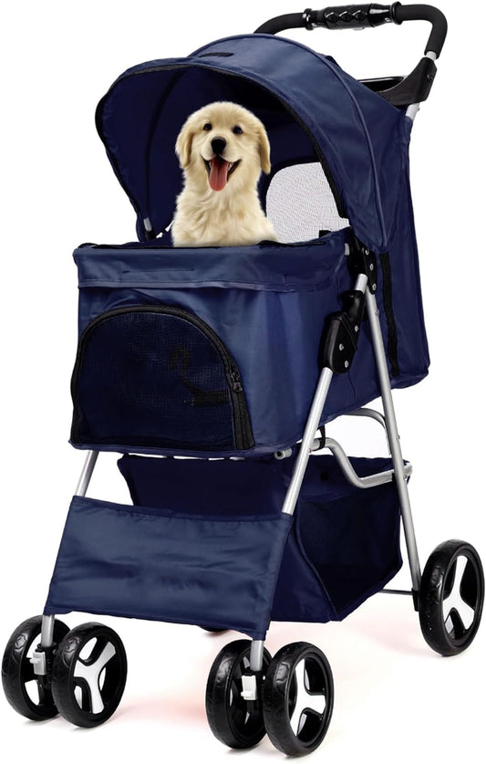 Foldable Pet Stroller with Rain Cover – Compact Pram for Small & Medium Dogs & Cats, Cup Holder & Storage Basket (Navy)
